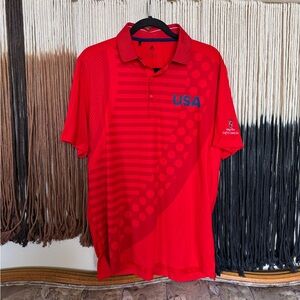 Red patterned Adidas USA polo with Kings River Golf & Country Club embroidery